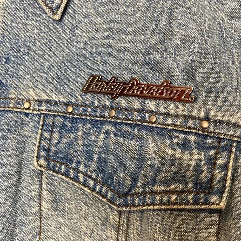 Vintage Harley-Davidson XL Women’s Jean Jacket Leather Back Panel Biker Moto - Picture 4 of 9